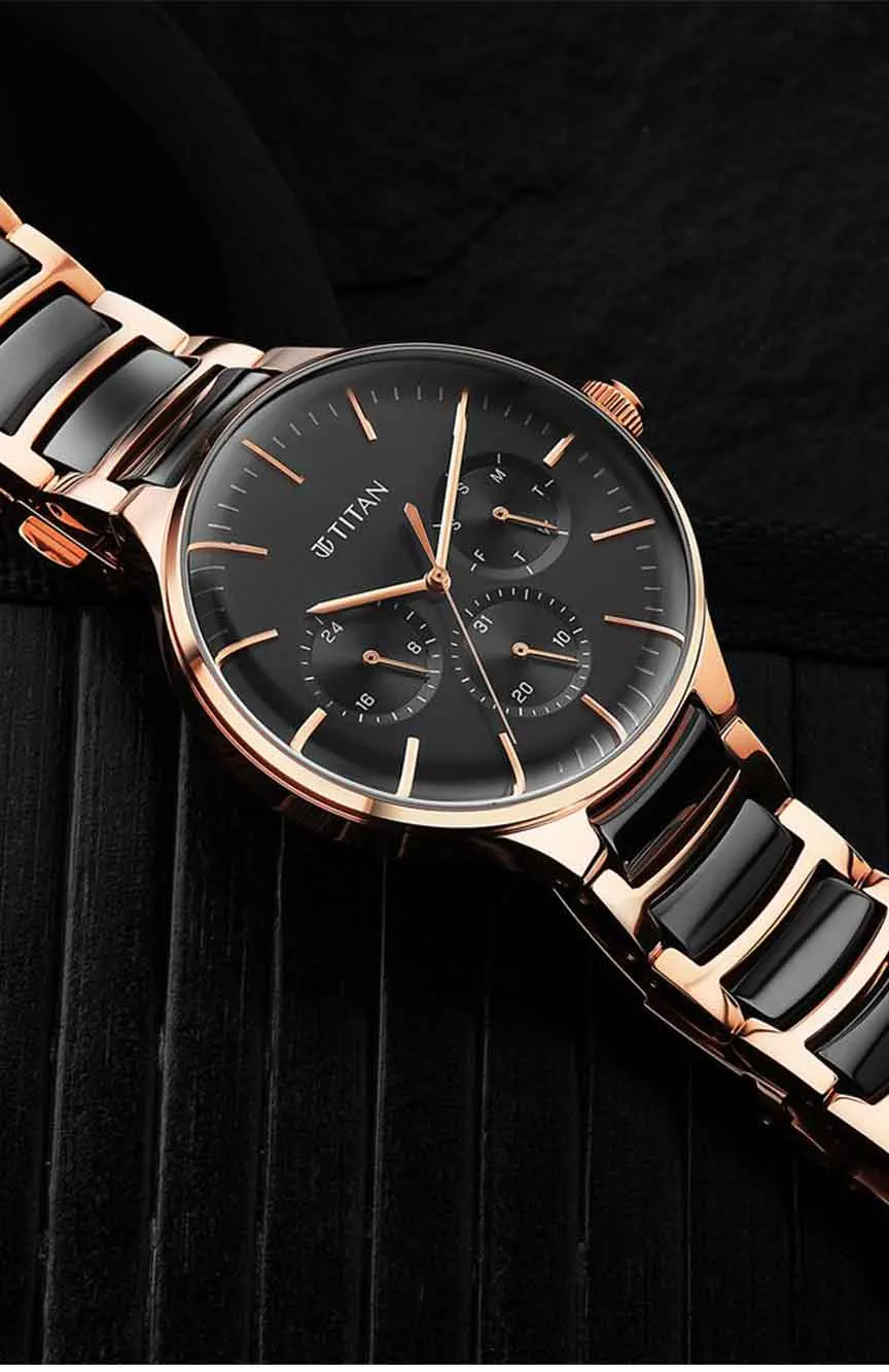 Titan | Titan Ceramic Fusion Quartz Multifunction Black Dial Rose Gold Dual-Toned Stainless Steel Bracelet Watch for Men
Titan | Titan Ceramic Fusion Quartz Multifunction Black Dial Rose Gold Dual-Toned Stainless Steel Bracelet Watch for Men