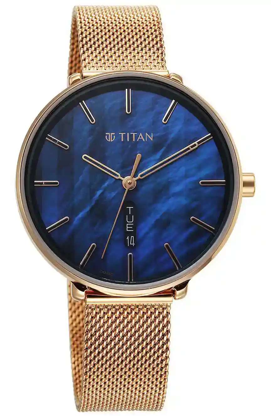 Titan Neo Analog with Day and Date Mother Of Pearl Dial Rose Gold Color Stainless Steel Strap Watch For Women