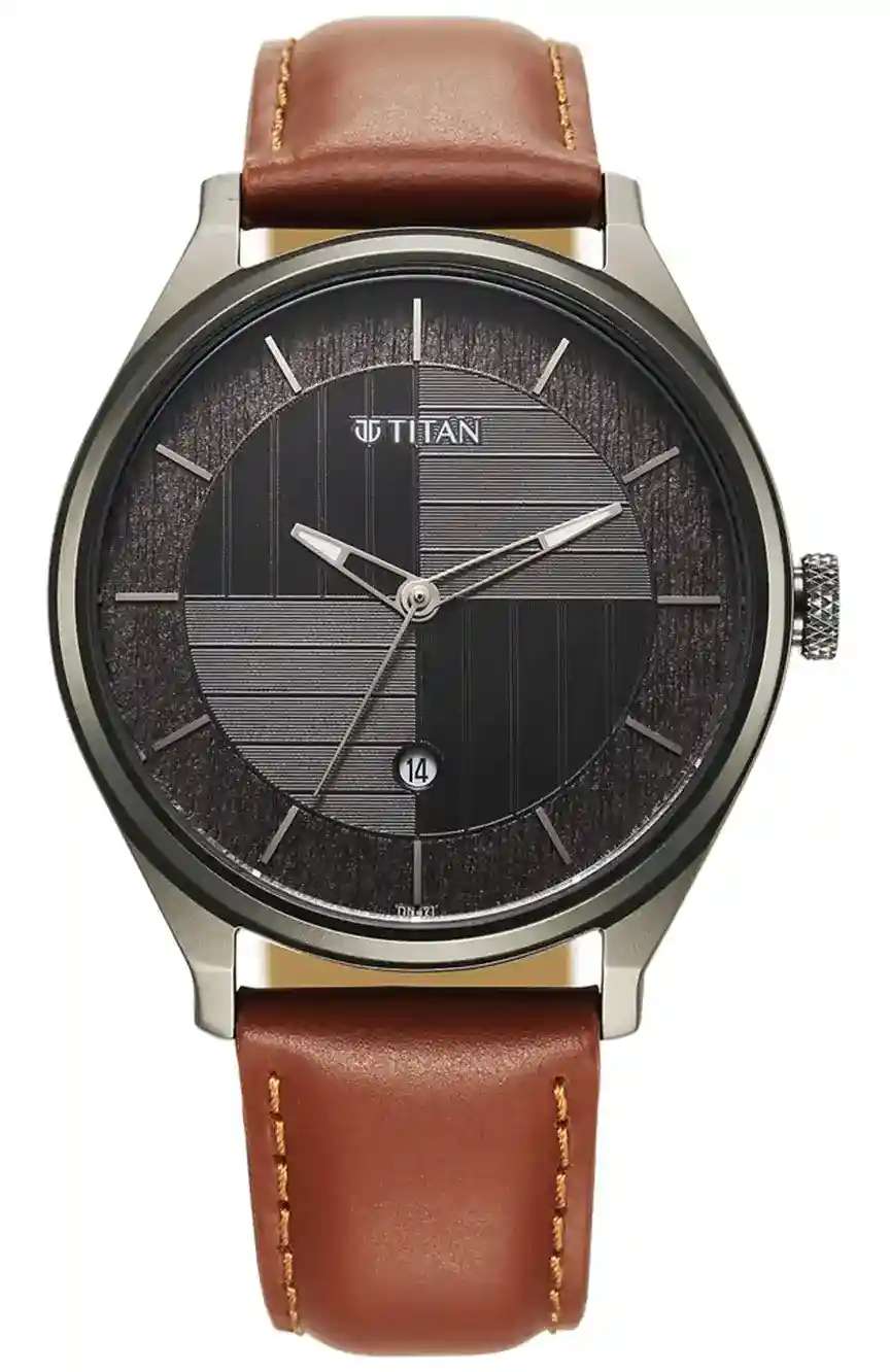 Titan Neo Economy Quartz Analog with Date Grey Dial Brown Leather Strap Watch For Men