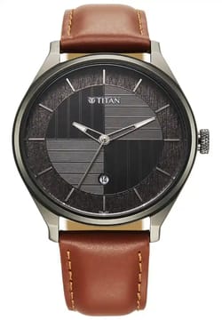 Titan Neo Economy Quartz Analog with Date Grey Dial Brown Leather Strap Watch For Men
