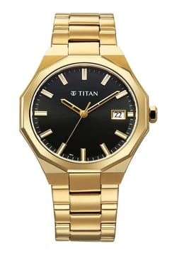 Titan Regalia Dodecagon Quartz Analog with Date Black Dial Golden Stainless Steel Strap Watch For Men