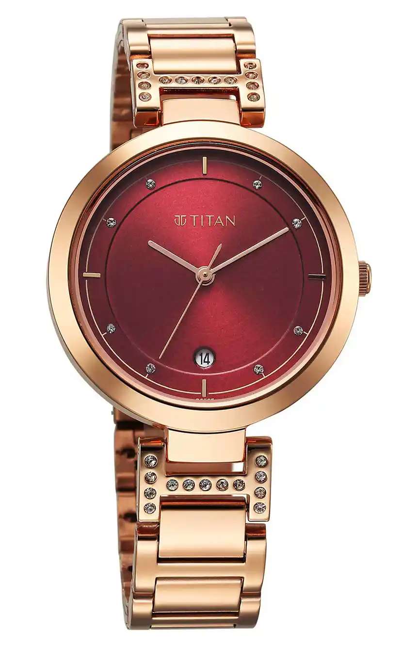 Titan Midnight Radiance Red Round Dial Gold Metal Strap Analog Watch for Women