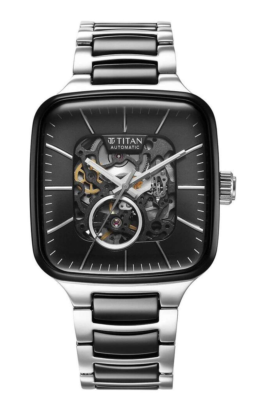 Titan Ceramic Fusion Automatic Square Black Dial Silver Dual-Toned Stainless Steel Bracelet Watch for Men