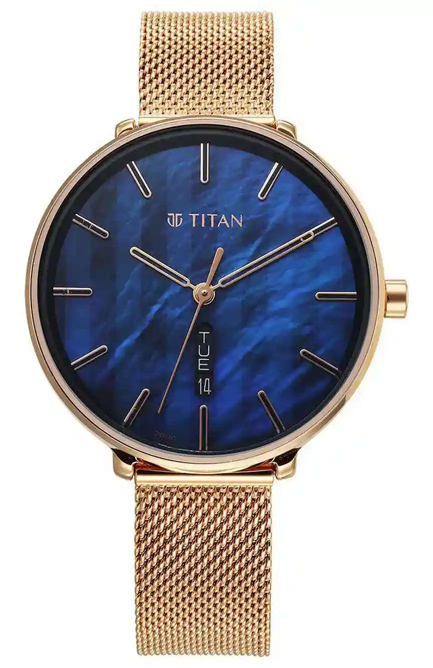 Titan Neo Analog with Day and Date Mother Of Pearl Dial Rose Gold Color Stainless Steel Strap Watch For Women