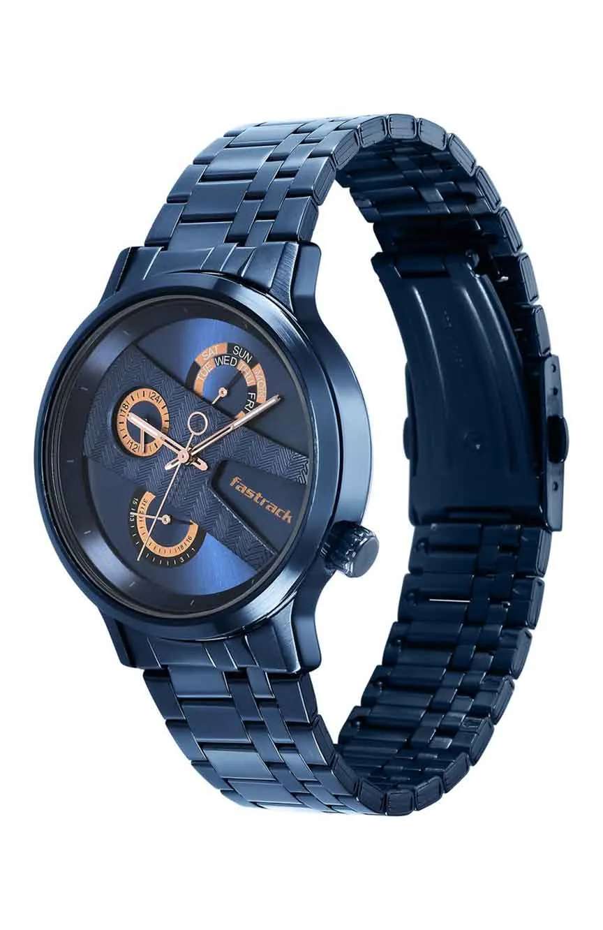 Titan Fastrack Exuberant Quartz Multifunction Blue Dial Stainless Steel Strap Watch for Guys