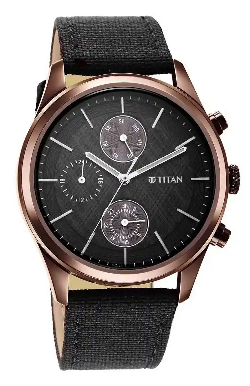 Titan Men's Infinity Chrono watch: Precise Blue Dial, Rose Gold Highlights, Durable Leather Strap