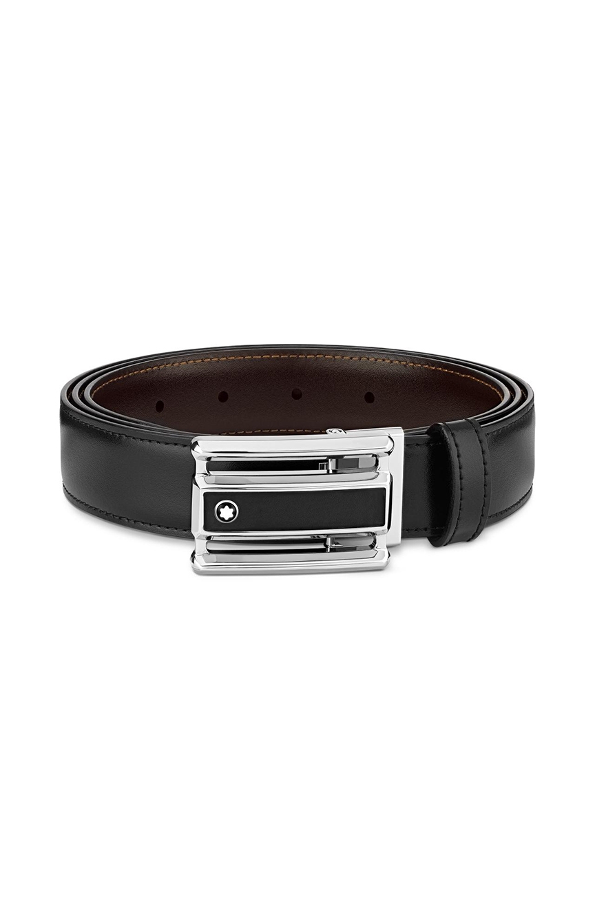 Montblanc Rectangular Cut-Out 3 Rings Motif Black Leather & Stainless Steel Plate Buckle
