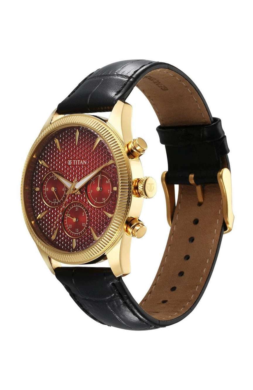 Titan Regalia Opulent Quartz Analog with Day and Date Red Dial Black Leather Strap Watch for Men
