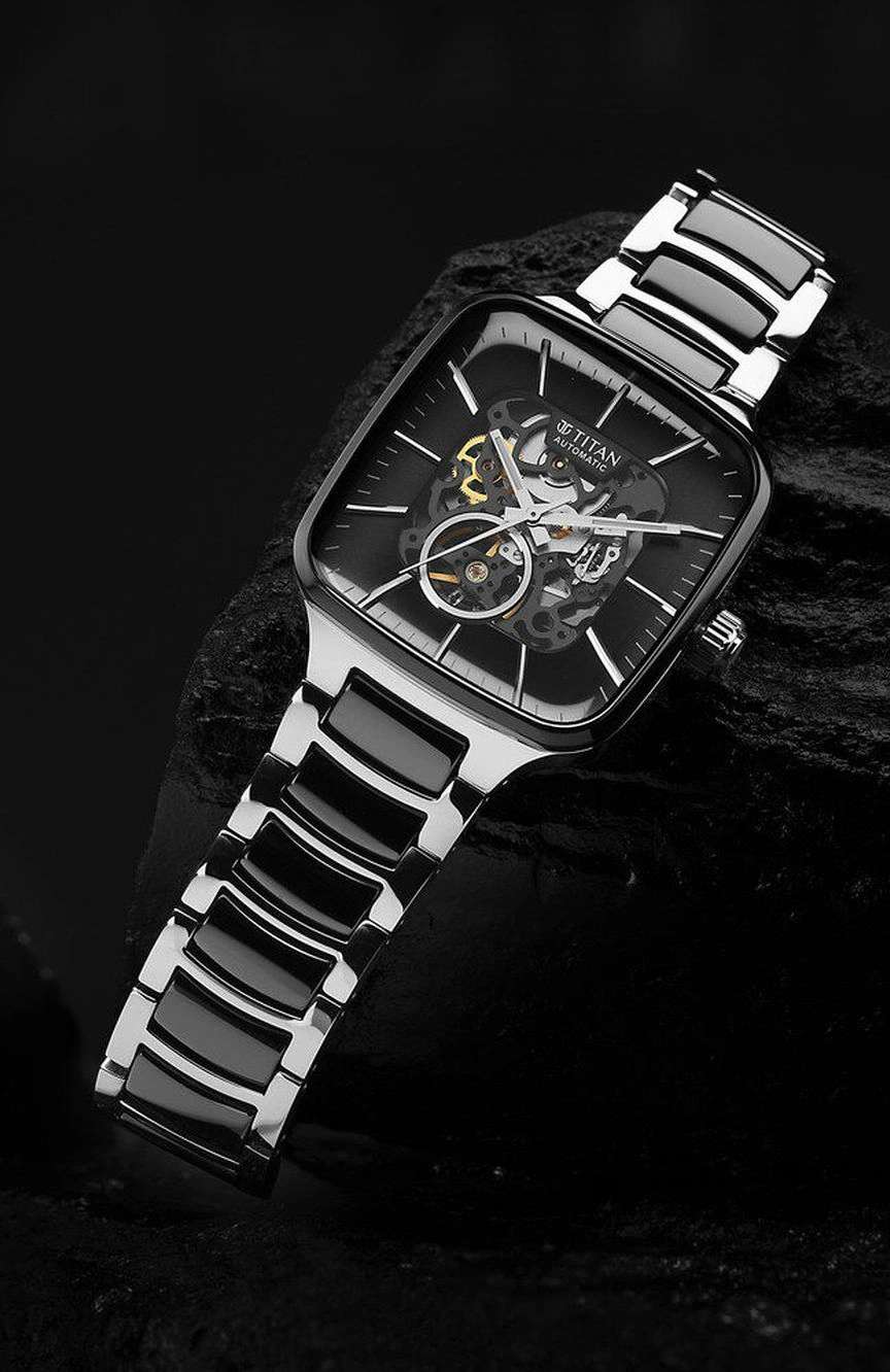 Titan Ceramic Fusion Automatic Square Black Dial Silver Dual-Toned Stainless Steel Bracelet Watch for Men