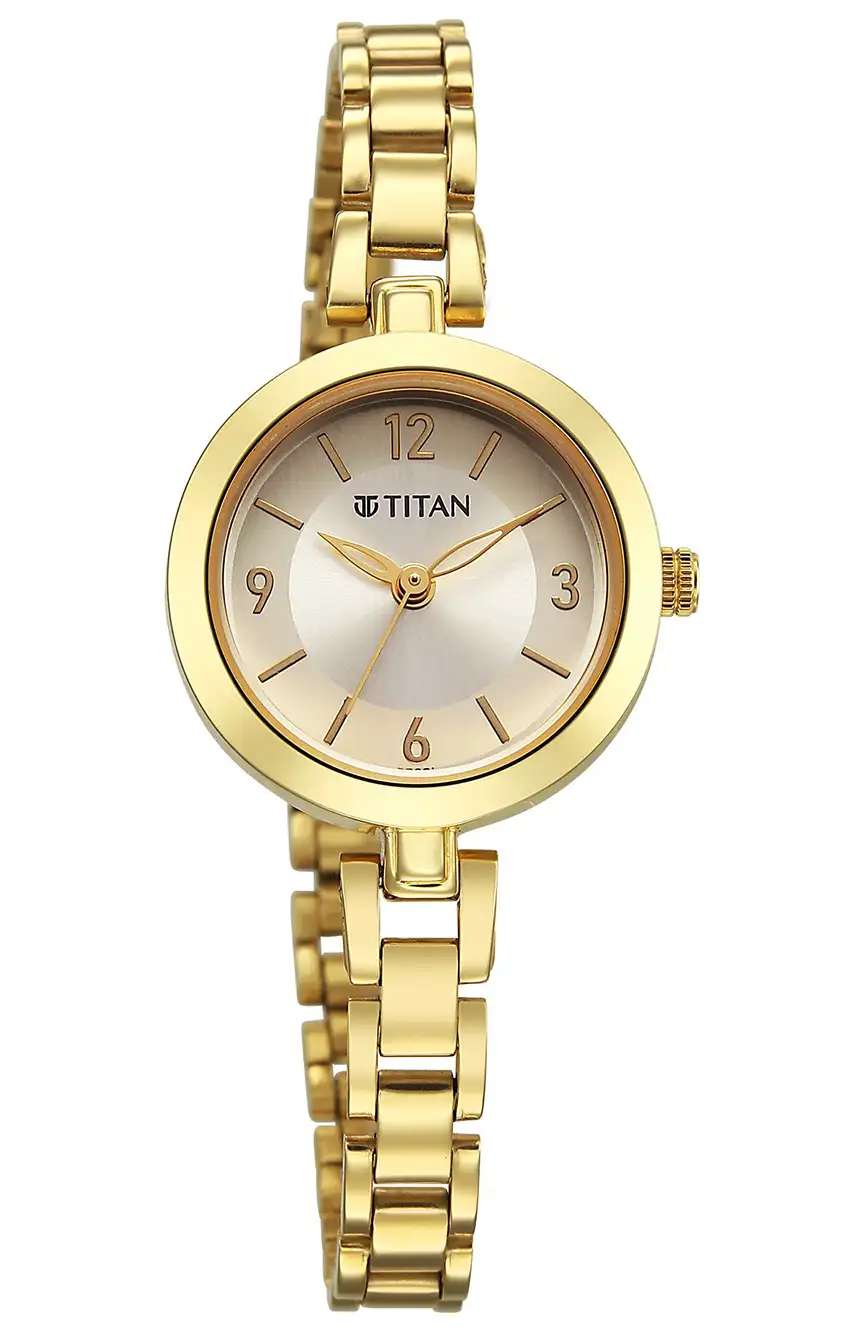Titan Karishma Champagne Gold Round Dial Metal Strap Analog Watch for Women