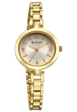 Titan Karishma Champagne Gold Round Dial Metal Strap Analog Watch for Women
