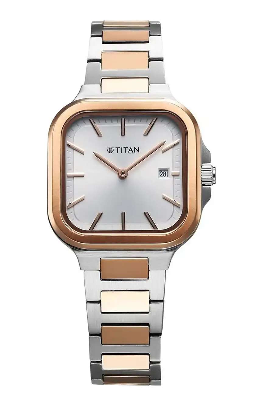 Titan Slim Square Quartz Analog with Date Silver Dial With Two Toned Color Stainless Steel Strap Watch For Women