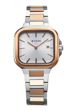 Titan Slim Square Quartz Analog with Date Silver Dial With Two Toned Color Stainless Steel Strap Watch For Women