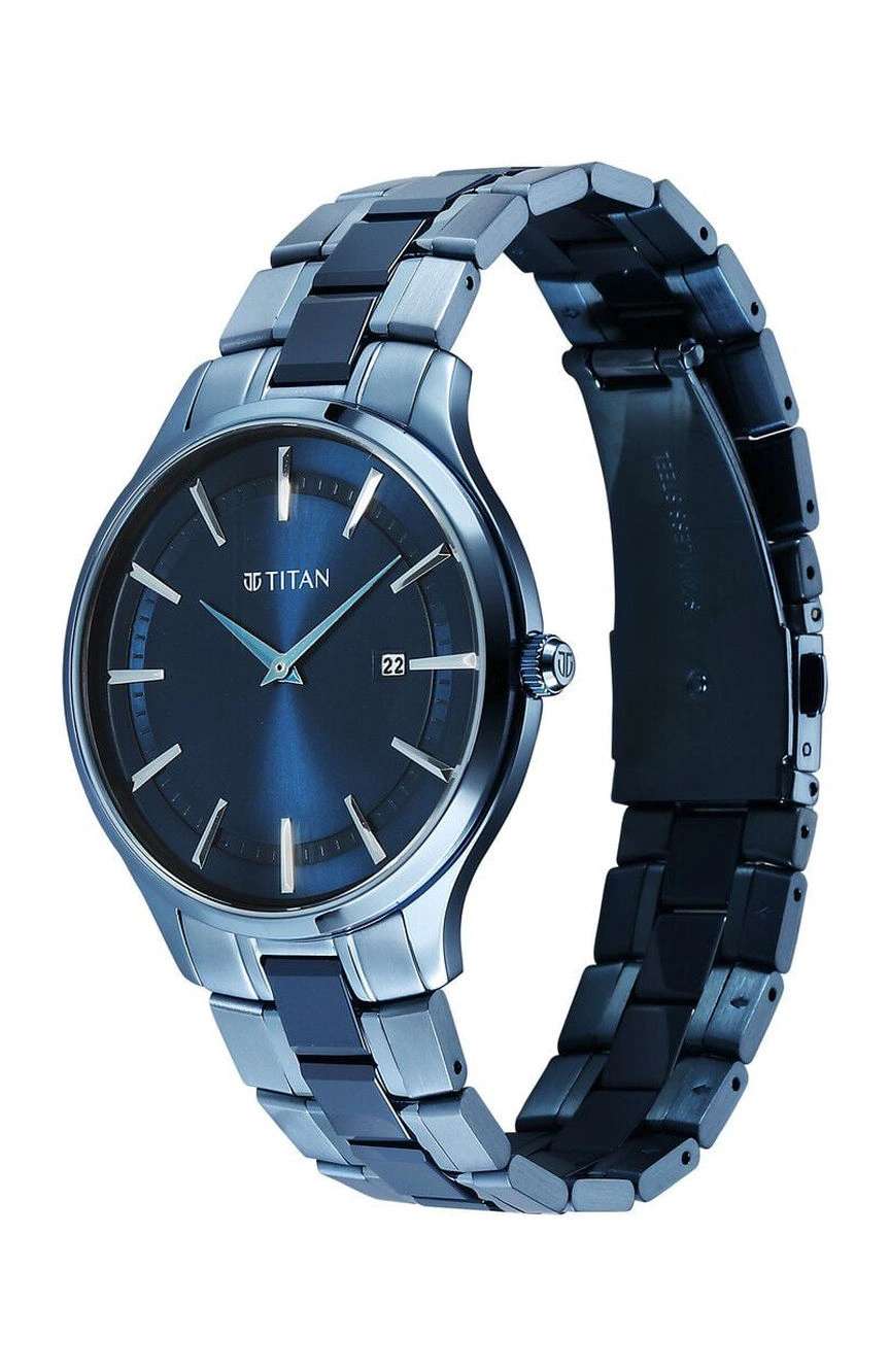 Titan Slim Ceramic Fusion Quartz Analog with Date Blue Dial Stainless Steel Strap Watch For Men