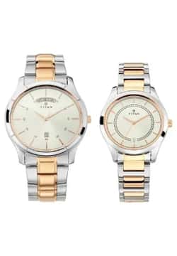 Titan Bandhan Quartz Analog with Day and Date Silver Dial Stainless Steel Strap Watch for Couple