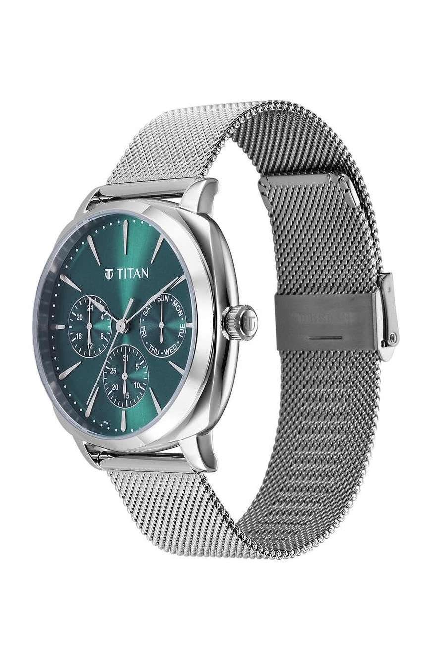 Titan Classique Suave Quartz Green Dial Silver Stainless Steel Mesh Strap Watch for Men
