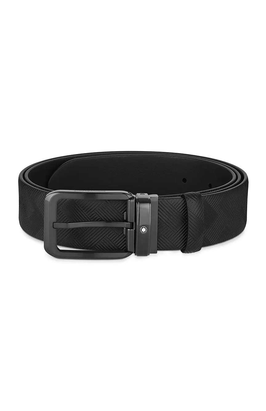 Montblanc Rectangular Rounded Shiny Stainless Steel Pin Buckle Black 35 MM Reversible Leather Belt