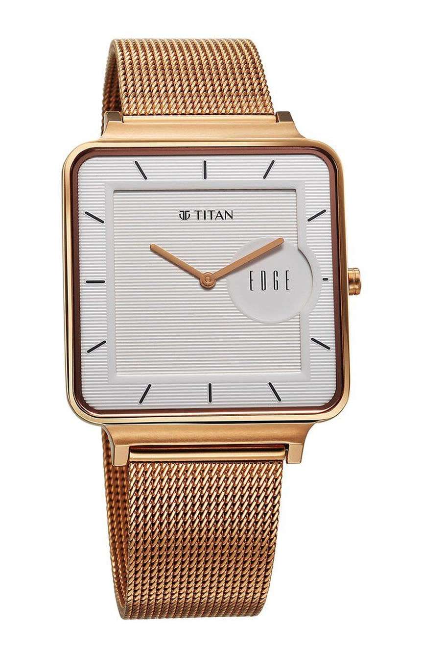 Titan Edge Quad Quartz Analog White Dial With Rose Gold Stainless Steel Strap Watch For Men