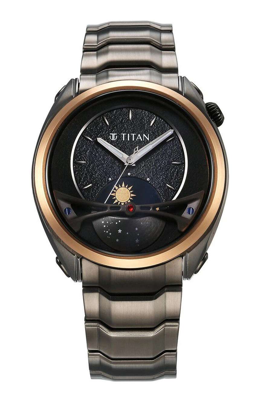 Titan Stellar Quartz Multifunction Black Dial Stainless Steel Strap Watch for Men