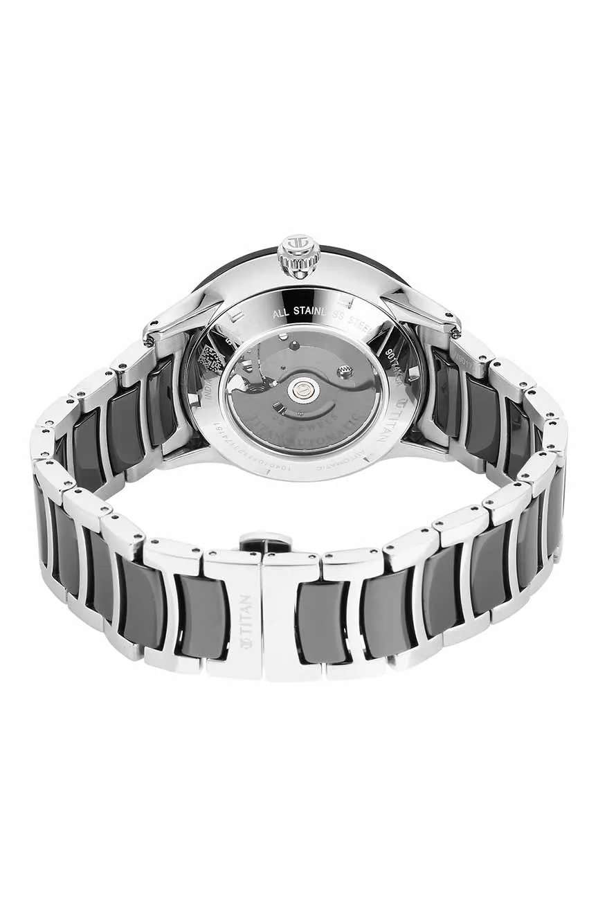Titan Ceramic Fusion Automatic Black Dial Silver Dual-Toned Stainless Steel Bracelet Watch for Men