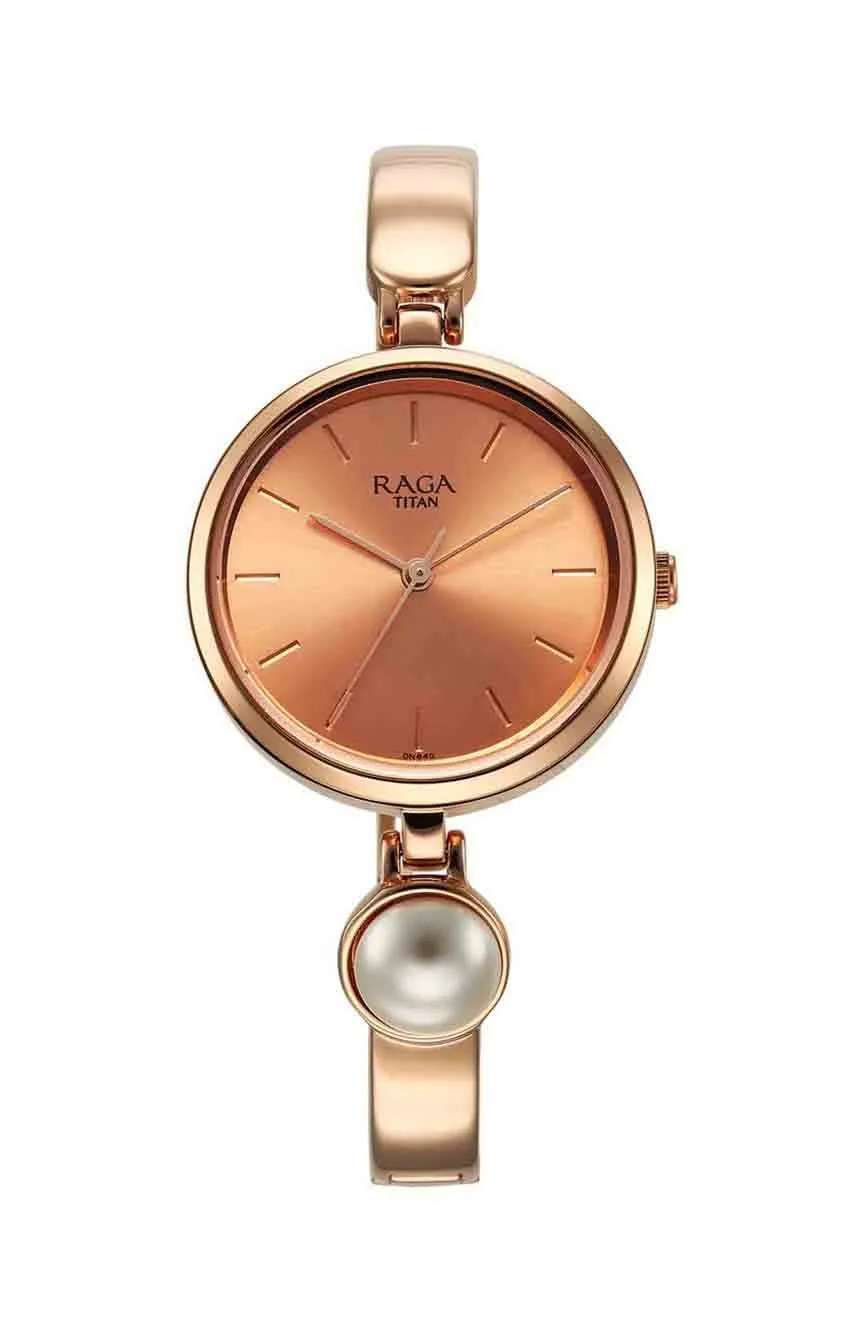 Titan Raga Power Pearls Quartz Analog Rose Gold Dial Metal Strap with pearl Watch for Women