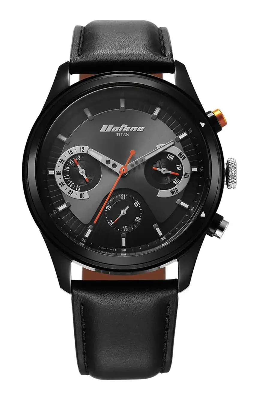 Titan Octane Quartz Multifunction Black Dial With Black Leather Strap Watch For Men