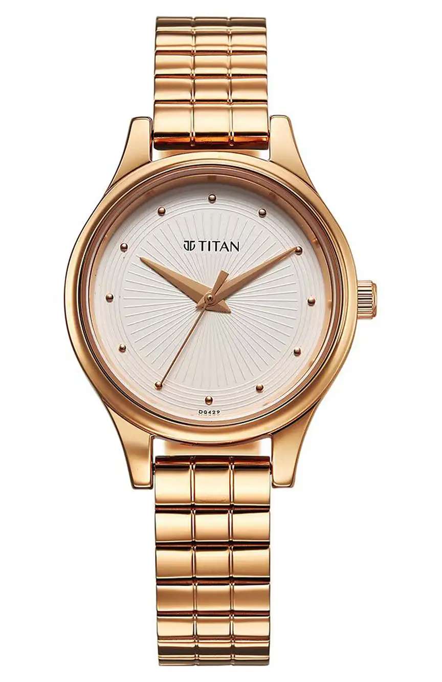 تيتان ساعة تيتان كاريشما كوارتز بميناء أبيض وسوار ستانلس إستيل بلون ذهبي وردي للنساء