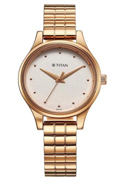 Titan ساعة تيتان كاريشما كوارتز بميناء أبيض وسوار ستانلس إستيل بلون ذهبي وردي للنساء