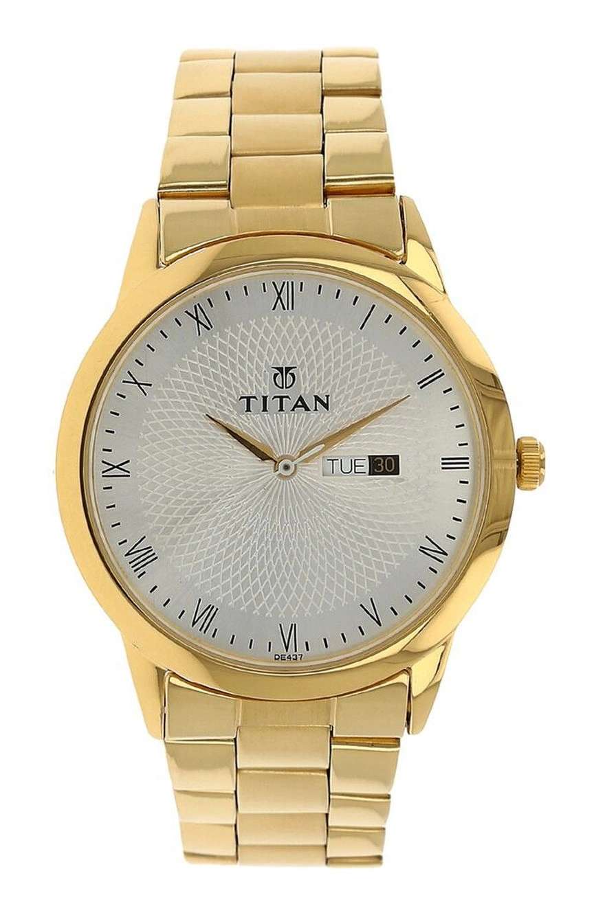 Titan Quartz Analog with Day and Date Silver Round Dial Golden Stainless Steel Strap Watch For Men