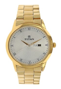 Titan Quartz Analog with Day and Date Silver Round Dial Golden Stainless Steel Strap Watch For Men