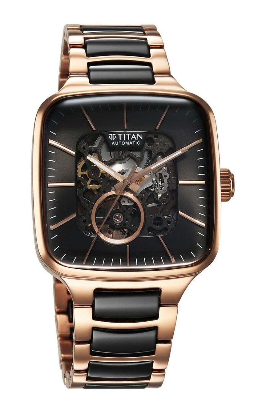 Titan Ceramic Fusion Automatic Square Black Dial Silver Dual-Toned Stainless Steel Bracelet Watch for Men