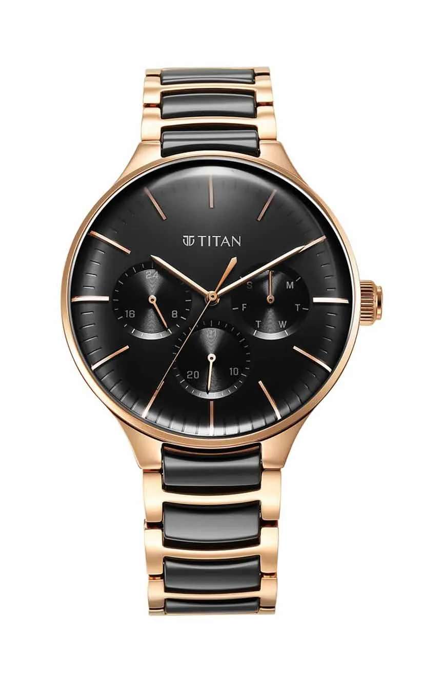 Titan Ceramic Fusion Quartz Multifunction Black Dial Rose Gold Dual-Toned Stainless Steel Bracelet Watch for Men