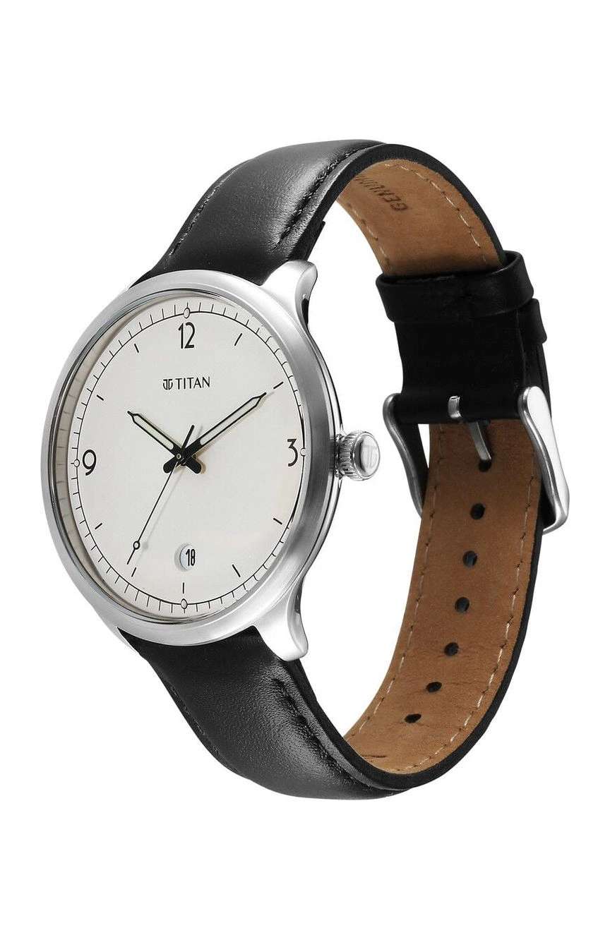 تيتان ساعة تيتان تيمليس تريجرز كوارتز بنافذة لعرض التاريخ بميناء أبيض وسوار من الجلد الأسود للرجال