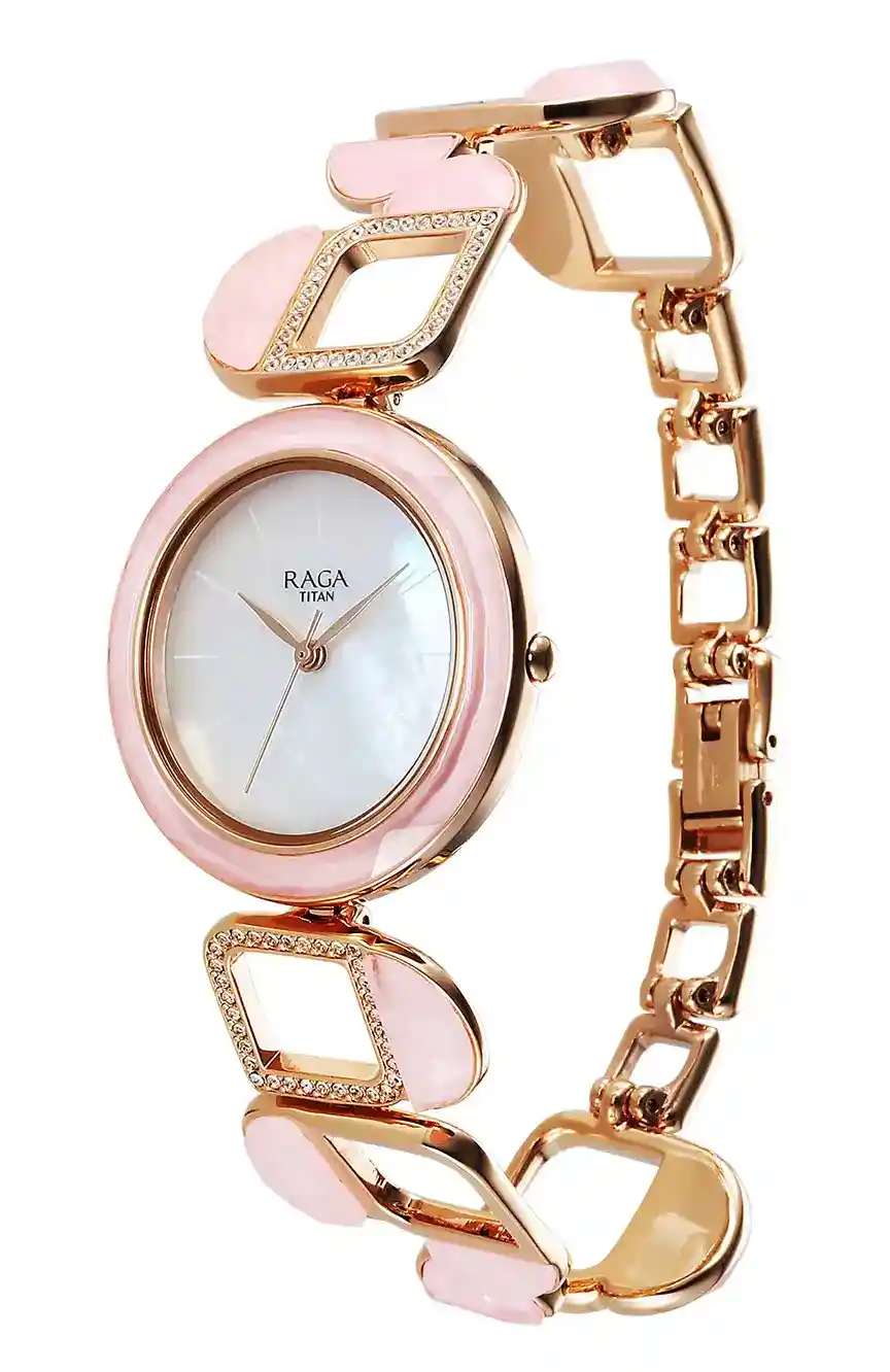 Titan Raga New You Quartz Analog Mother Of Pearl Round Dial Rose Gold Metal Strap Watch For Women