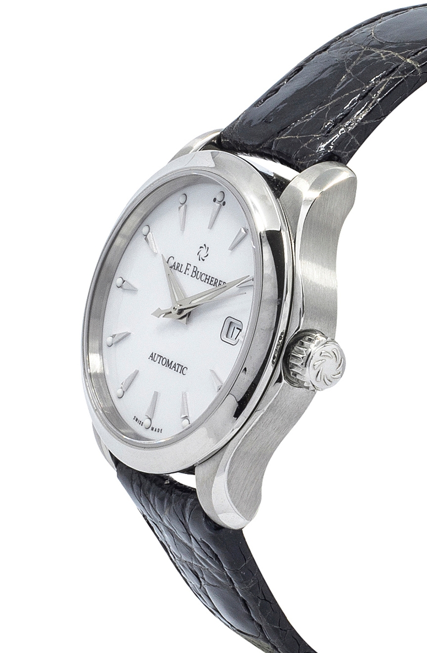 Manero autodate in stainless steel with a white outlet dial