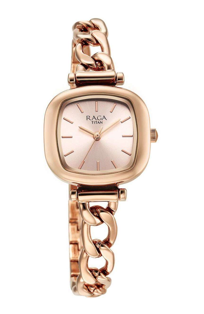 تيتان ساعة تيتان راجا شوستوبر كوارتز بميناء ذهبي وردي وسوار معدني للنساء