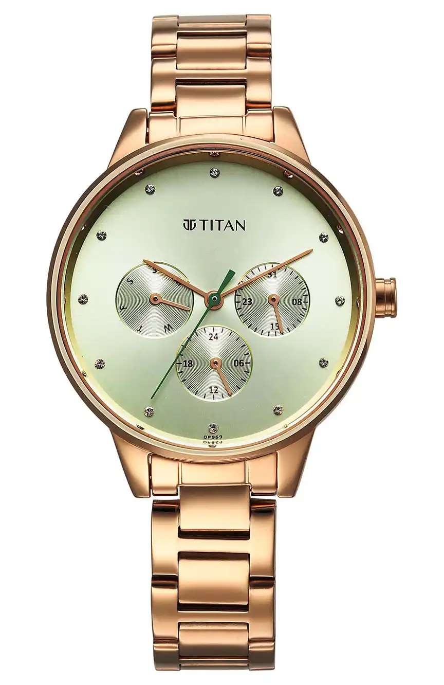 Titan Razzle Dazzle Quartz Analog with Day and Date Green Dial Rose Gold Stainless Steel Strap Watch For Women