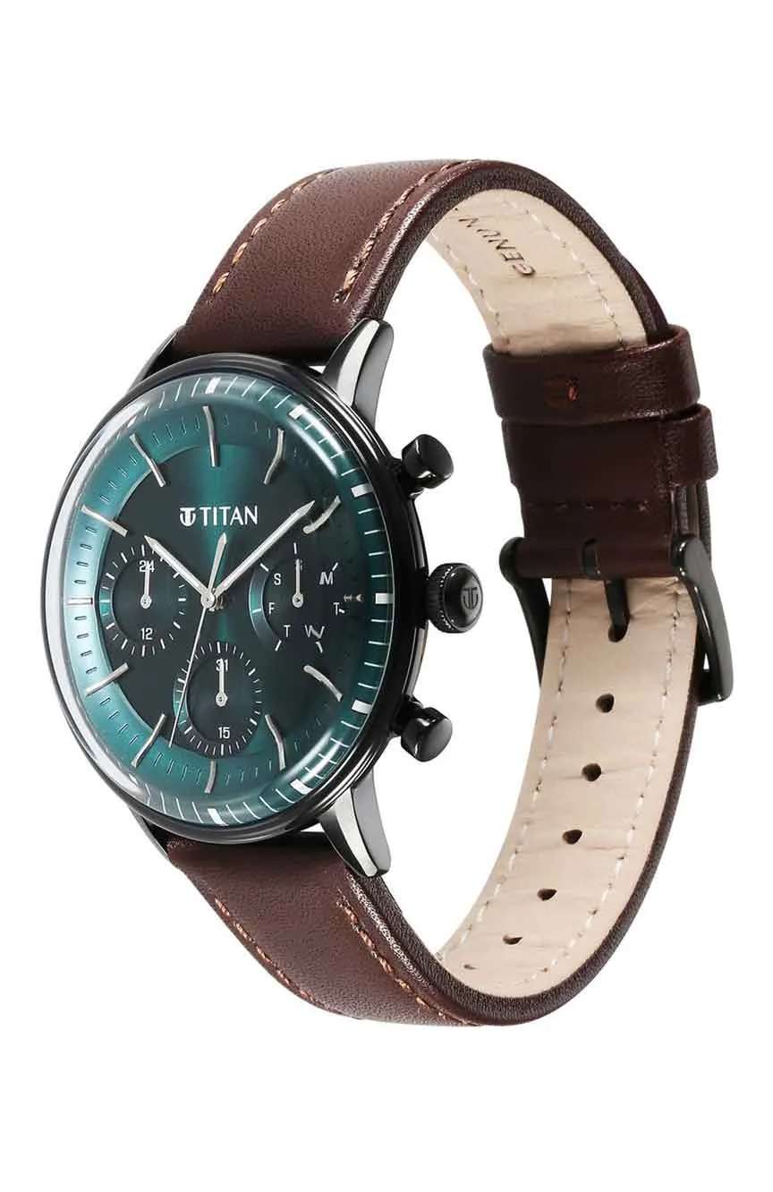 Titan Light Leathers Quartz Multifunction Black Dial Leather Strap Watch for Men