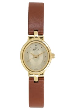 Titan Quartz Analog Champagne Dial Leather Strap Watch for Women