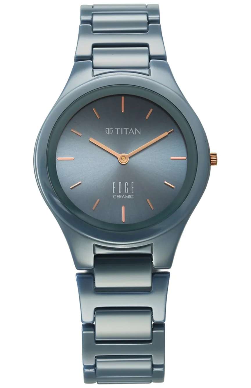 Titan Edge Ceramic Quartz Analog Blue Dial Ceramic Strap Watch For Women