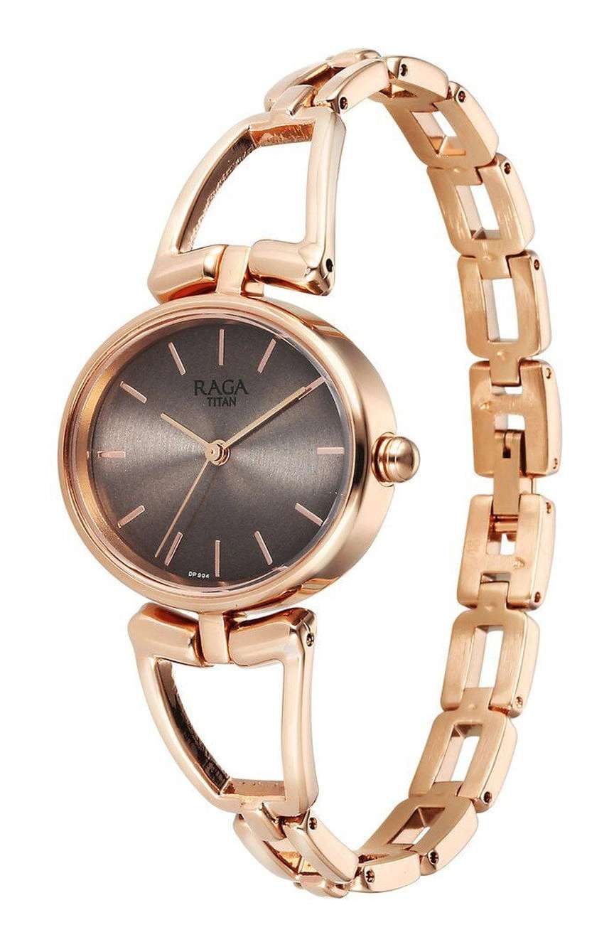 Titan Raga Ascend Quartz Analog Brown Dial With Rose Gold Color Metal Strap Watch For Women