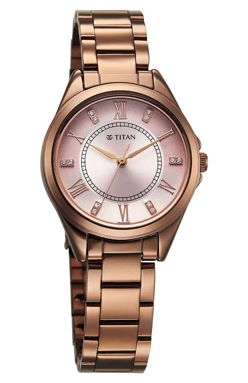 Titan Midnight Radiance Salmon Round Dial Brown Metal Strap Analog Watch for Women