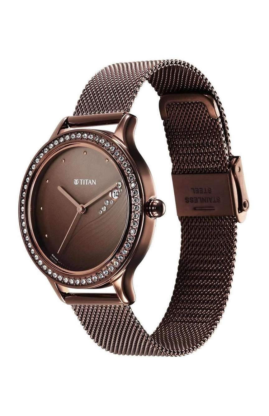 Titan Purple Glam It Up Brown Dial Analog with Date Stainless Steel Strap Watch for Women