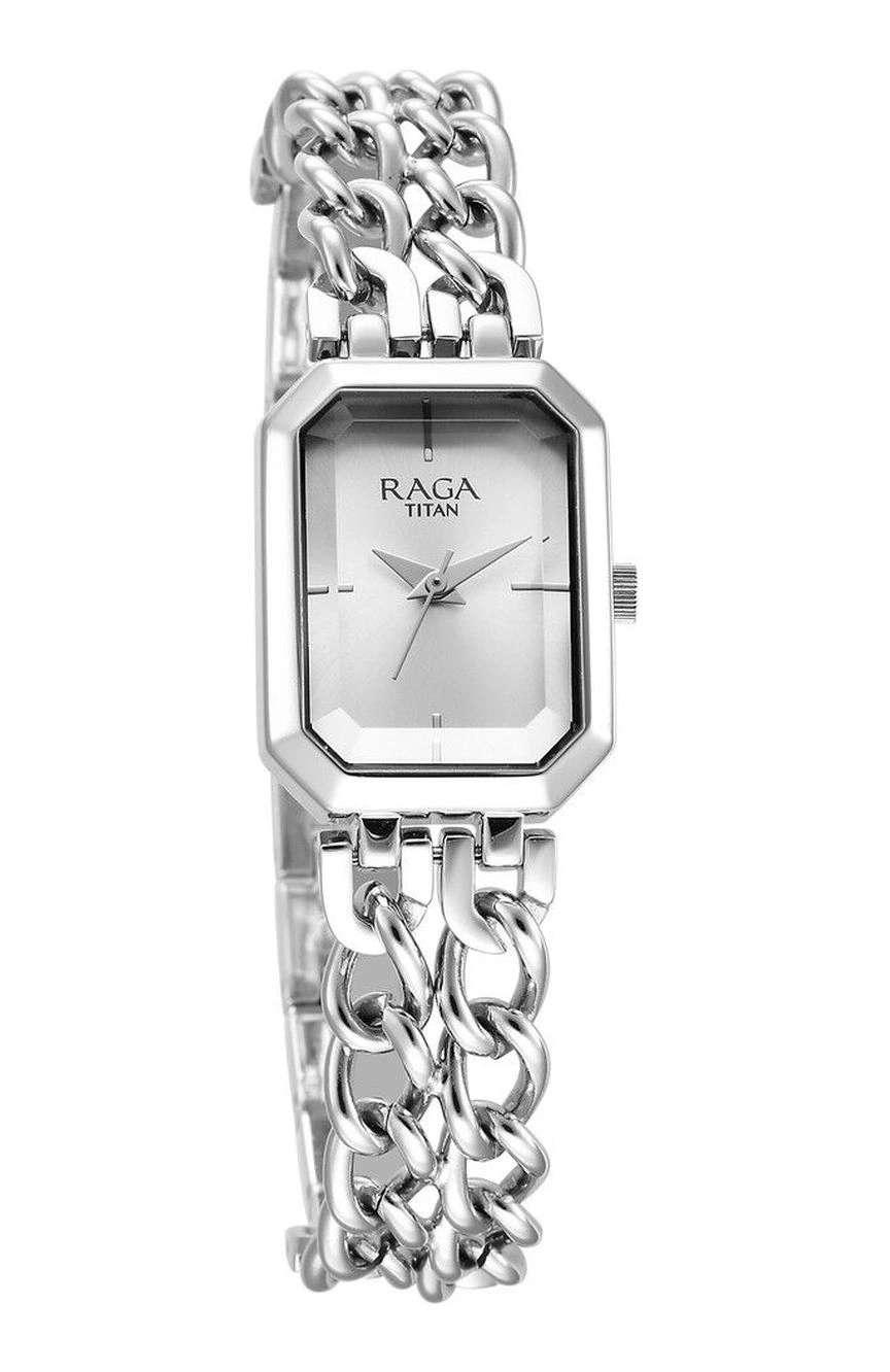 Titan Raga Showstopper Quartz Analog Silver Dial Silver Metal Strap Rectangular Shaped Watch For Women