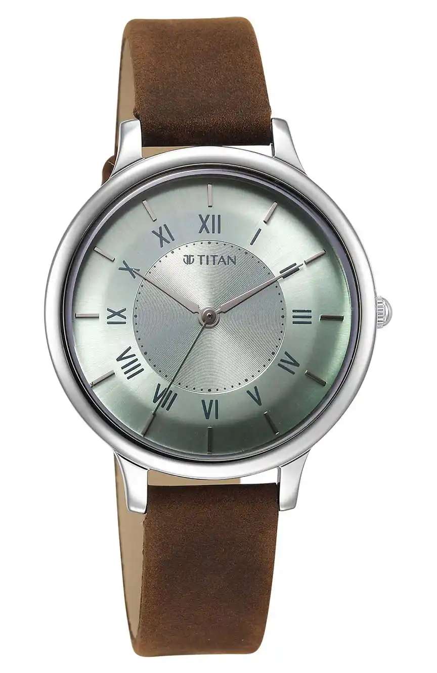 Titan Workwear Quartz Analog Silver Dial Brown Leather Strap Watch For Women