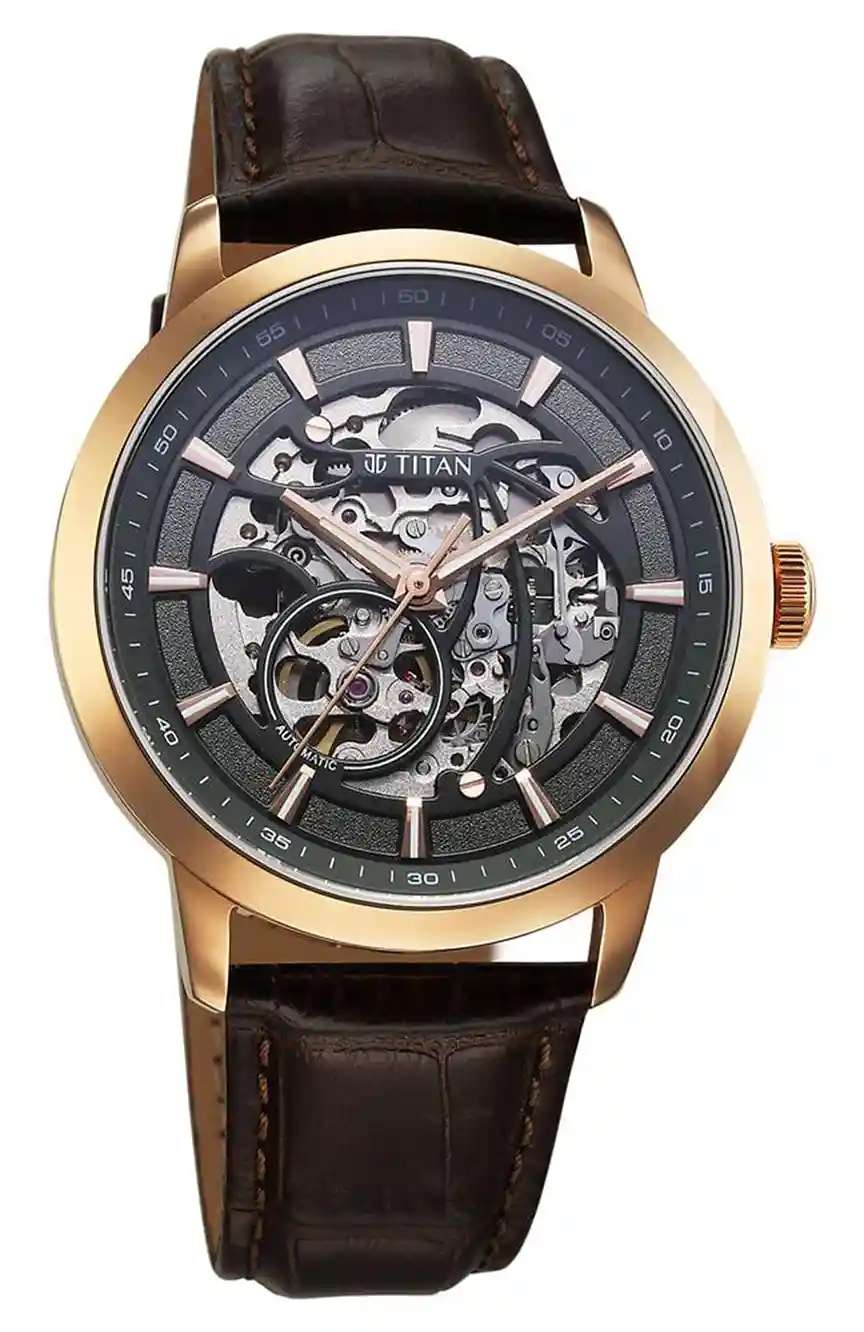 Titan Phoenix Skeletal Automatic Analog with Gun Dial Brown Leather Strap Watch for Men
