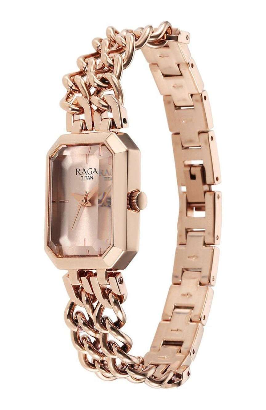 تيتان ساعة تيتان راجا شوستوبر كوارتز بميناء ذهبي وردي وسوار معدني لون ذهبي وردي للنساء