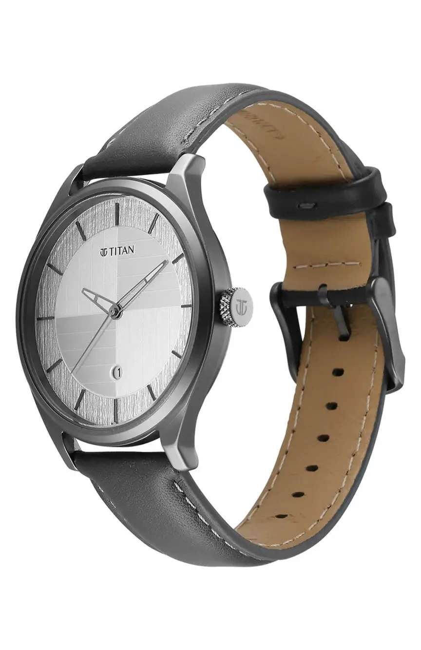 Titan Neo Economy Quartz Analog with Date Silver Dial Grey Leather Strap Watch For Men