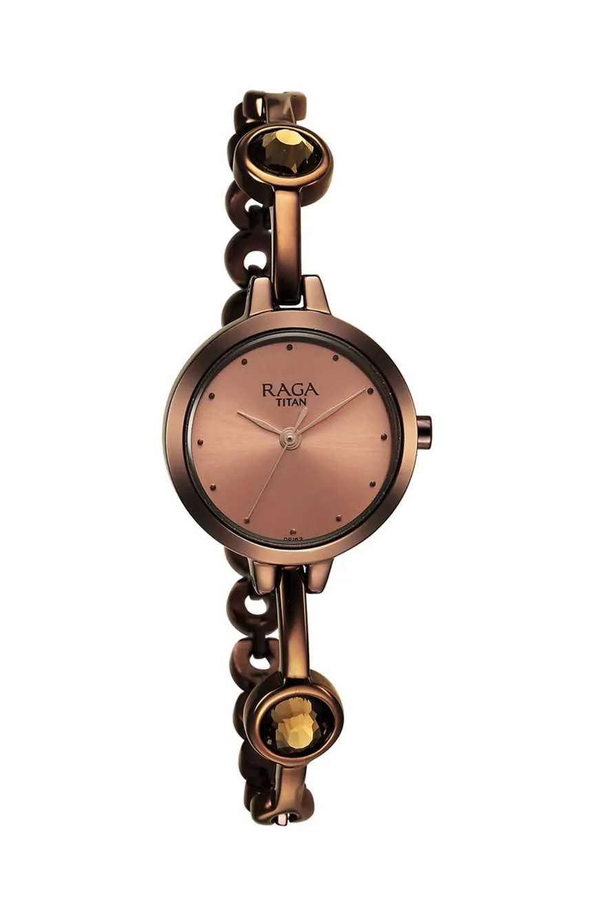 Titan Raga Viva Quartz Analog Rose Gold Dial Brown Metal Strap Watch for Women