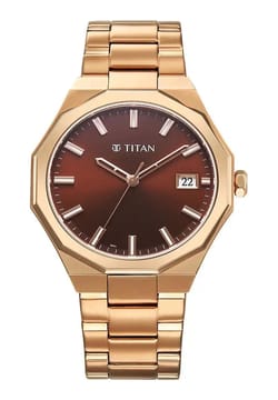 Titan Regalia Dodecagon Quartz Analog with Date Brown Dial Rose Gold Stainless Steel Strap Watch For Men